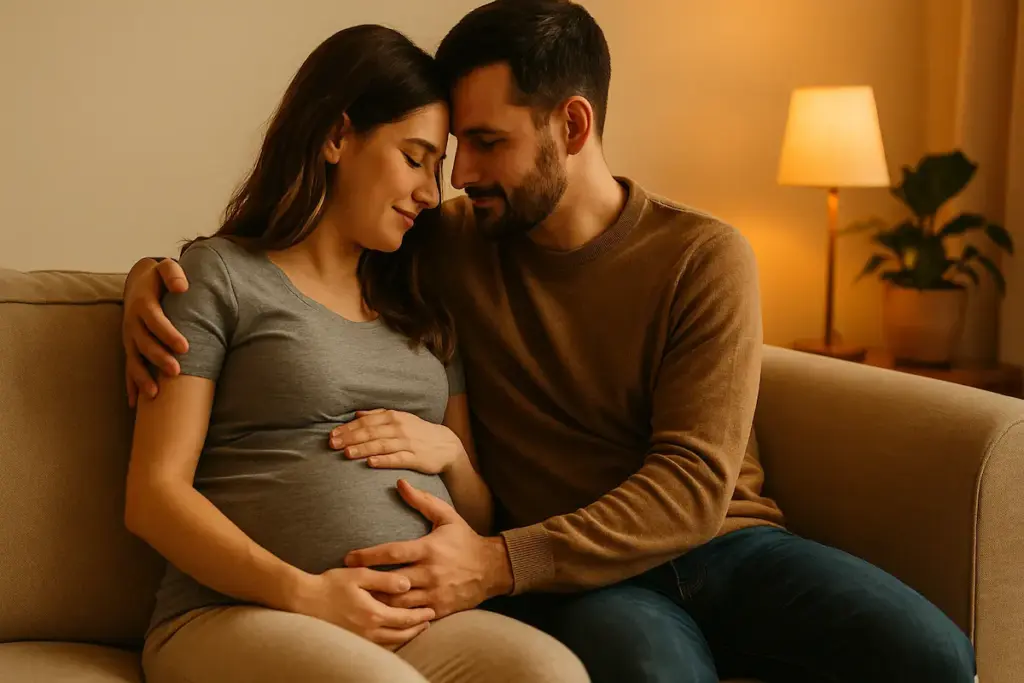 Ein Paar sitzt eng umschlungen auf einem Sofa; die schwangere Person hält eine Hand auf den Bauch, die andere Person legt unterstützend die Hand darüber – eine ruhige Szene, die Verbundenheit in der Beziehung während der Schwangerschaft zeigt.