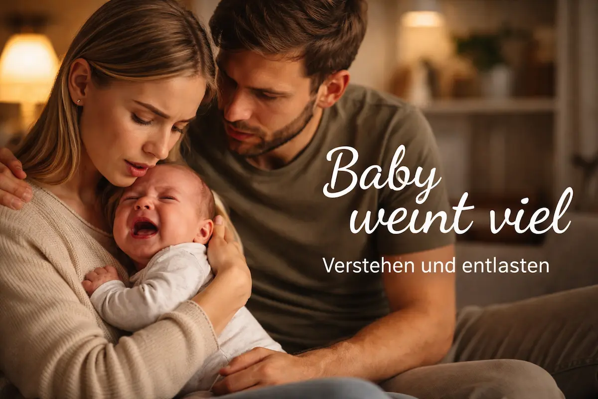 Eltern halten ihr Baby im Arm, das Baby weint viel und sie versuchen es am Abend gemeinsam zu beruhigen.