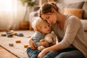 Warum die Autonomiephase Eltern mehr triggert als Kinder: Elternteil begleitet Kleinkind nach emotionalem Ausbruch ruhig und zugewandt