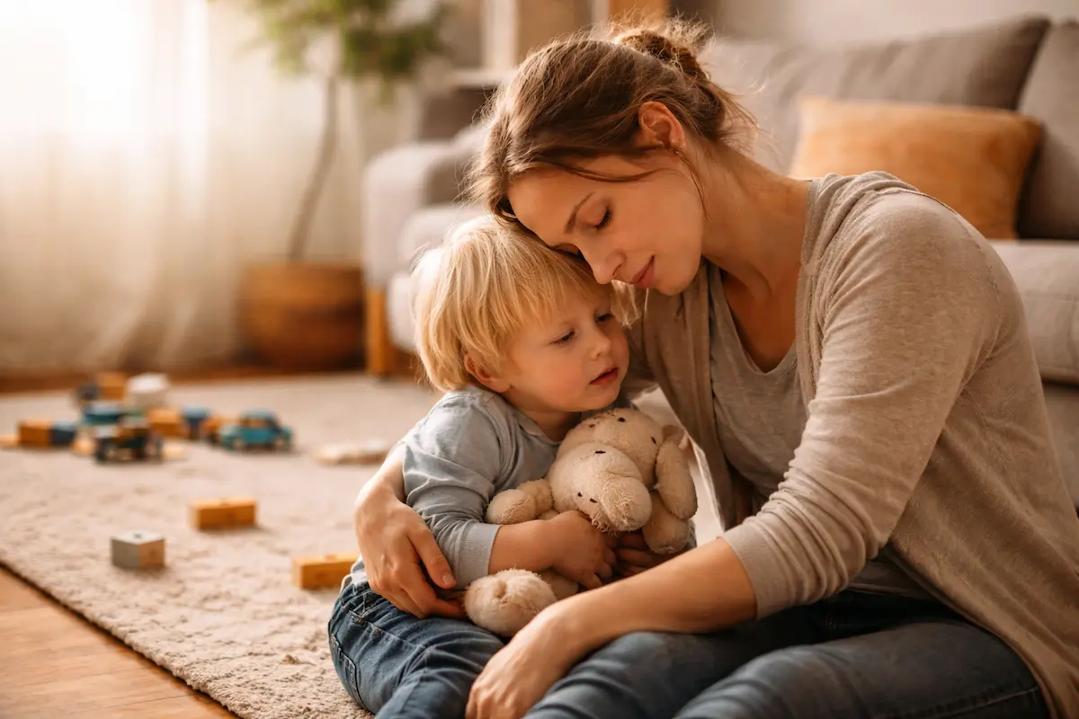Warum die Autonomiephase Eltern mehr triggert als Kinder: Elternteil begleitet Kleinkind nach emotionalem Ausbruch ruhig und zugewandt