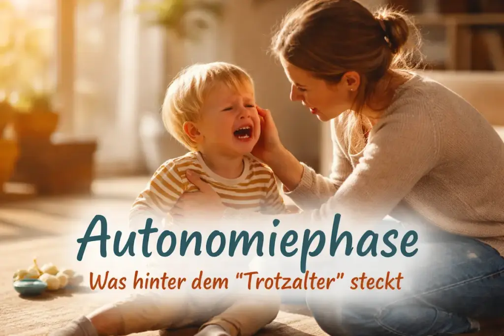 Autonomiephase: Mutter begleitet ihr weinendes Kleinkind einfühlsam durch einen Wutanfall im Wohnzimmer