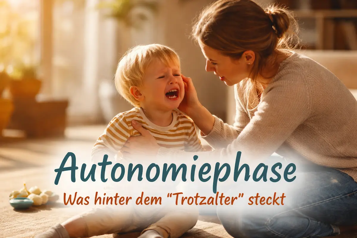 Autonomiephase: Mutter begleitet ihr weinendes Kleinkind einfühlsam durch einen Wutanfall im Wohnzimmer