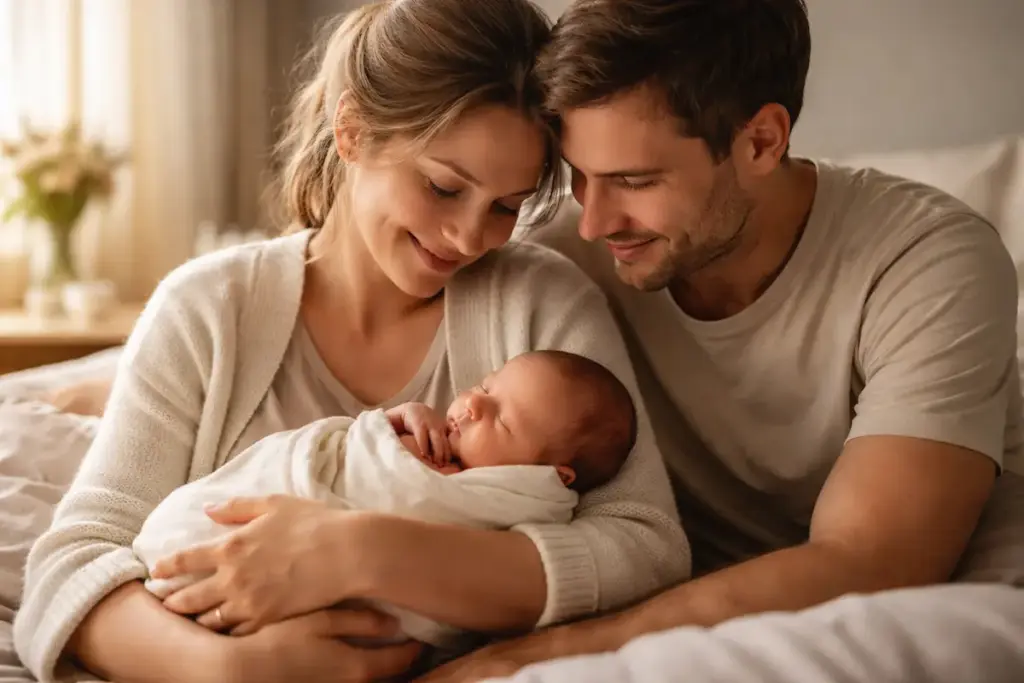 Besuche nach der Geburt: Eltern halten ihr Neugeborenes ruhig im Arm und genießen einen geschützten Moment der Nähe