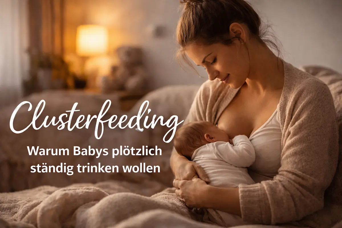 Clusterfeeding beim Baby: Eine Mutter hält ihr Neugeborenes in ruhiger Abendstimmung beim häufigen Trinken im Arm