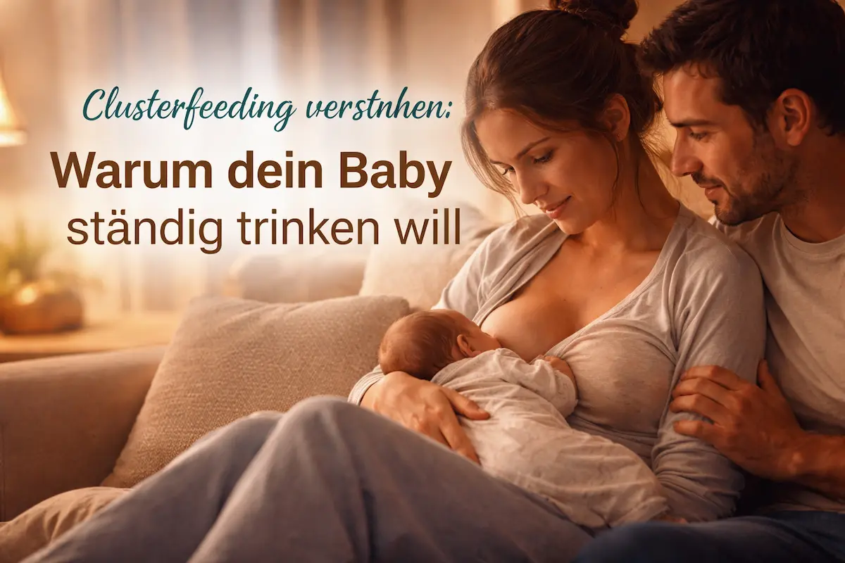 Clusterfeeding: Eltern sitzen abends im warmen Licht zusammen, während das Baby nah gehalten wird und trinkt