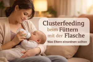 Mutter füttert ihr Baby beim Clusterfeeding beim Füttern mit der Flasche in ruhiger, warmer Abendstimmung.