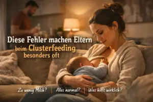 Fehler beim Clusterfeeding: Mutter sitzt abends auf dem Sofa und stillt ihr Baby in ruhiger, vertrauter Atmosphäre