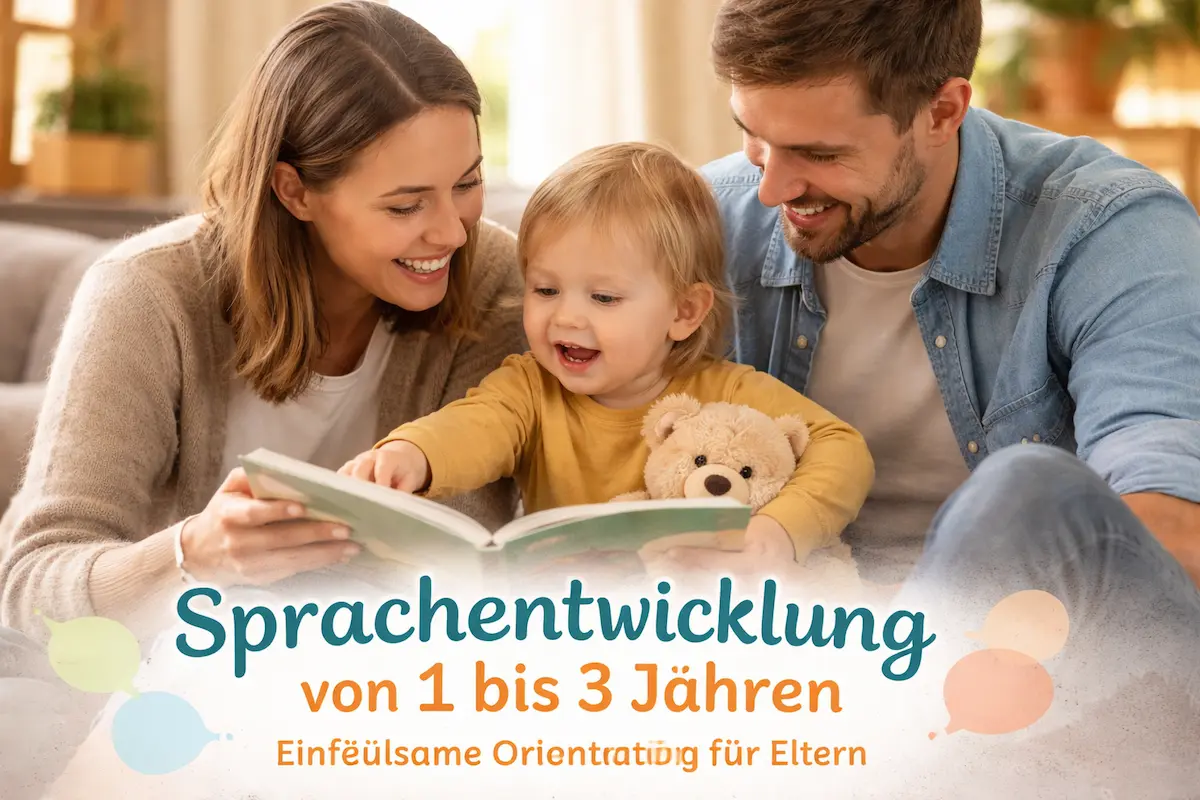 Eltern lesen gemeinsam mit ihrem Kleinkind ein Bilderbuch – liebevolle Alltagsszene zur Sprachentwicklung von 1 bis 3 Jahren