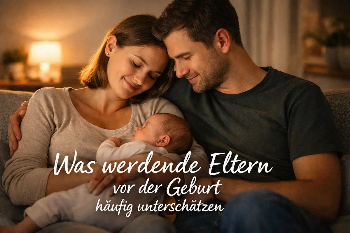 Was werdende Eltern vor der Geburt häufig unterschätzen: Ein Paar sitzt nah beieinander, warmes Licht, ruhiger Moment der Verbundenheit vor dem Elternwerden