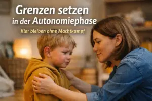 Grenzen setzen in der Autonomiephase: Elternteil begleitet ein wütendes Kleinkind ruhig und zugewandt im Alltag