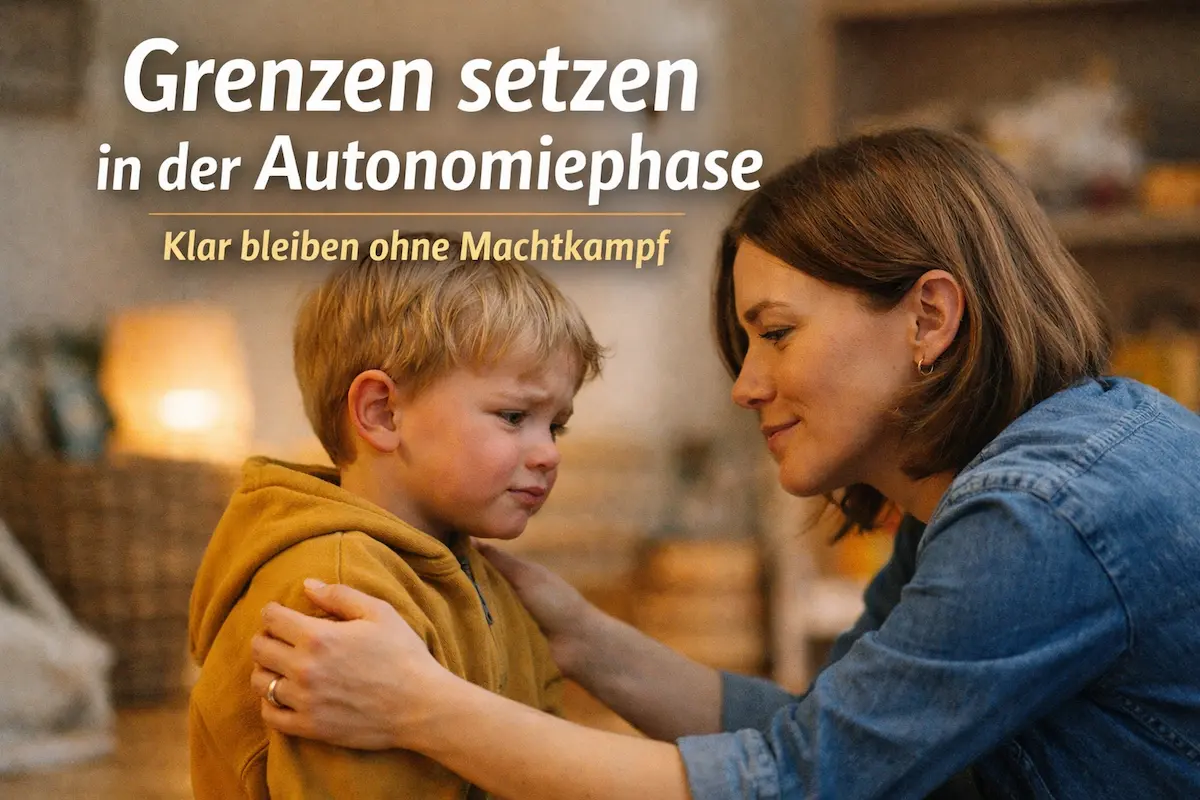 Grenzen setzen in der Autonomiephase: Elternteil begleitet ein wütendes Kleinkind ruhig und zugewandt im Alltag