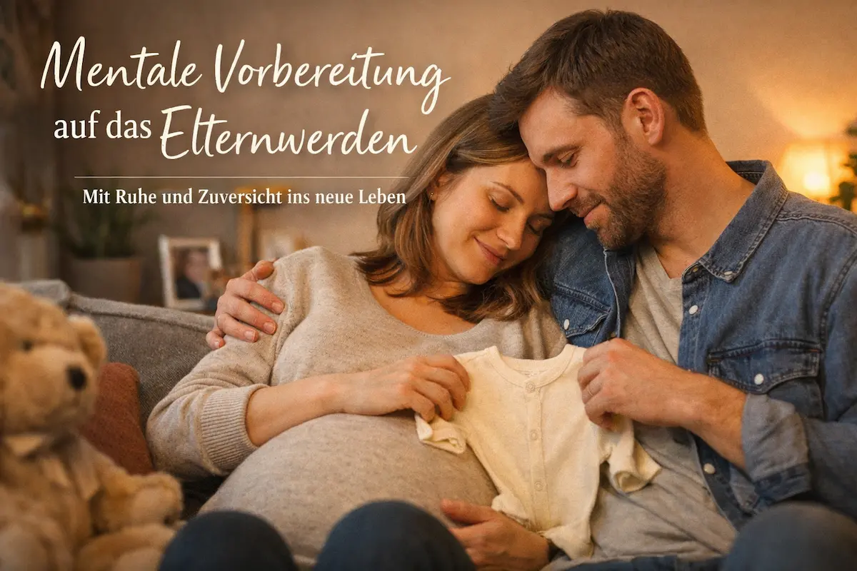 Mentale Vorbereitung auf das Elternwerden: werdende Eltern sitzen eng beieinander und halten gemeinsam ein kleines Baby-Kleidungsstück in den Händen.