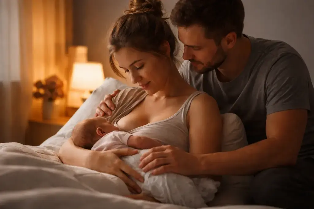 Eltern sitzen gemeinsam im Bett, während ihr Baby beim Clusterfeeding ruhig an der Brust trinkt – eine Szene von Clusterfeeding und Erschöpfung