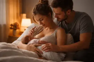 Eltern sitzen gemeinsam im Bett, während ihr Baby beim Clusterfeeding ruhig an der Brust trinkt – eine Szene von Clusterfeeding und Erschöpfung