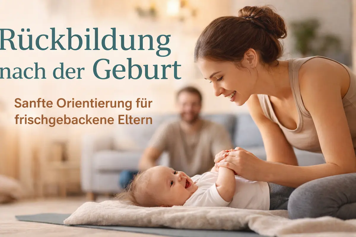 Elternteil macht Rückbildung nach der Geburt auf einer Matte im Wohnzimmer, das Baby liegt nah dabei, warme Lichtstimmung und ruhige Alltagsszene.