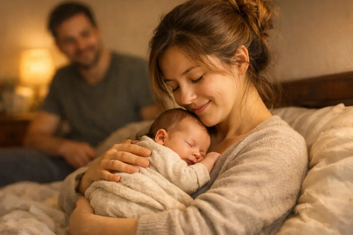 Mutter hält ihr Neugeborenes im Arm beim Stillstart, Vater sitzt unterstützend im Hintergrund.