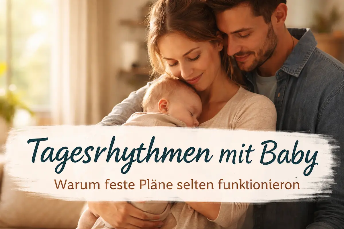 Eltern halten ihr schlafendes Baby im Arm bei warmem Tageslicht – Alltagsszene zu Tagesrhythmus mit Baby ohne festen Zeitplan.