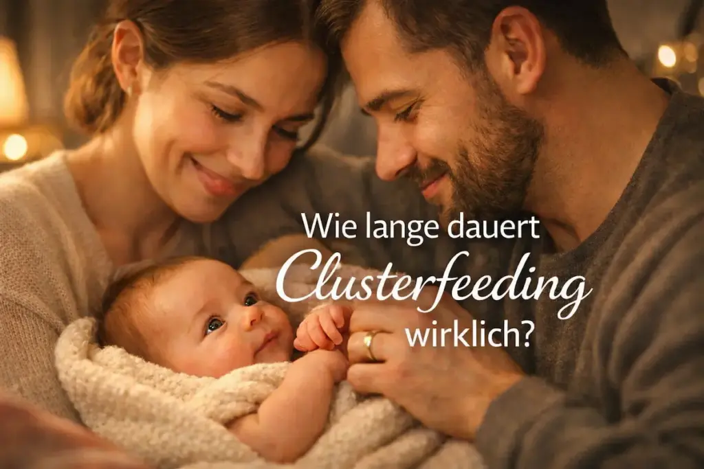 Wie lange dauert Clusterfeeding? Baby liegt in den Armen der Eltern, in eine Decke gewickelt, mit intensivem Blickkontakt in ruhiger Wohnatmosphäre