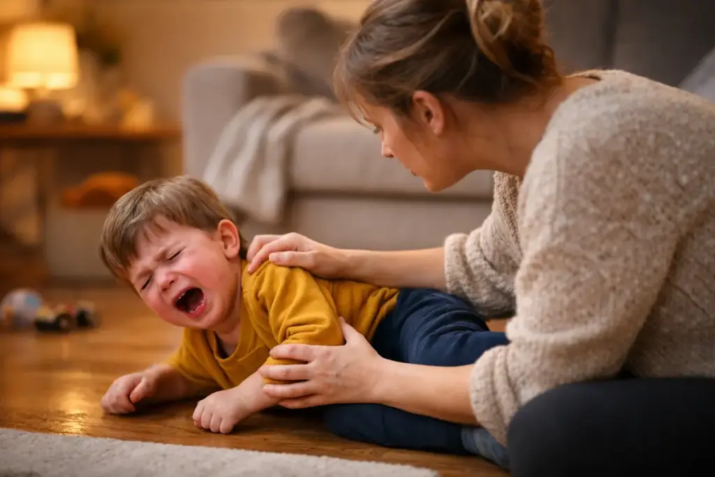 Wutausbrüche in der Autonomiephase: Ein Elternteil begleitet ein weinendes Kleinkind ruhig und zugewandt in einer Alltagssituation