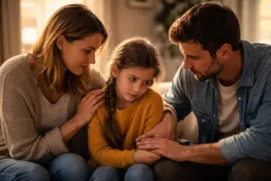 Eltern sitzen nah bei ihrem Kind und geben ihm Halt – Wie schütze ich mein Kind bei einer Scheidung?