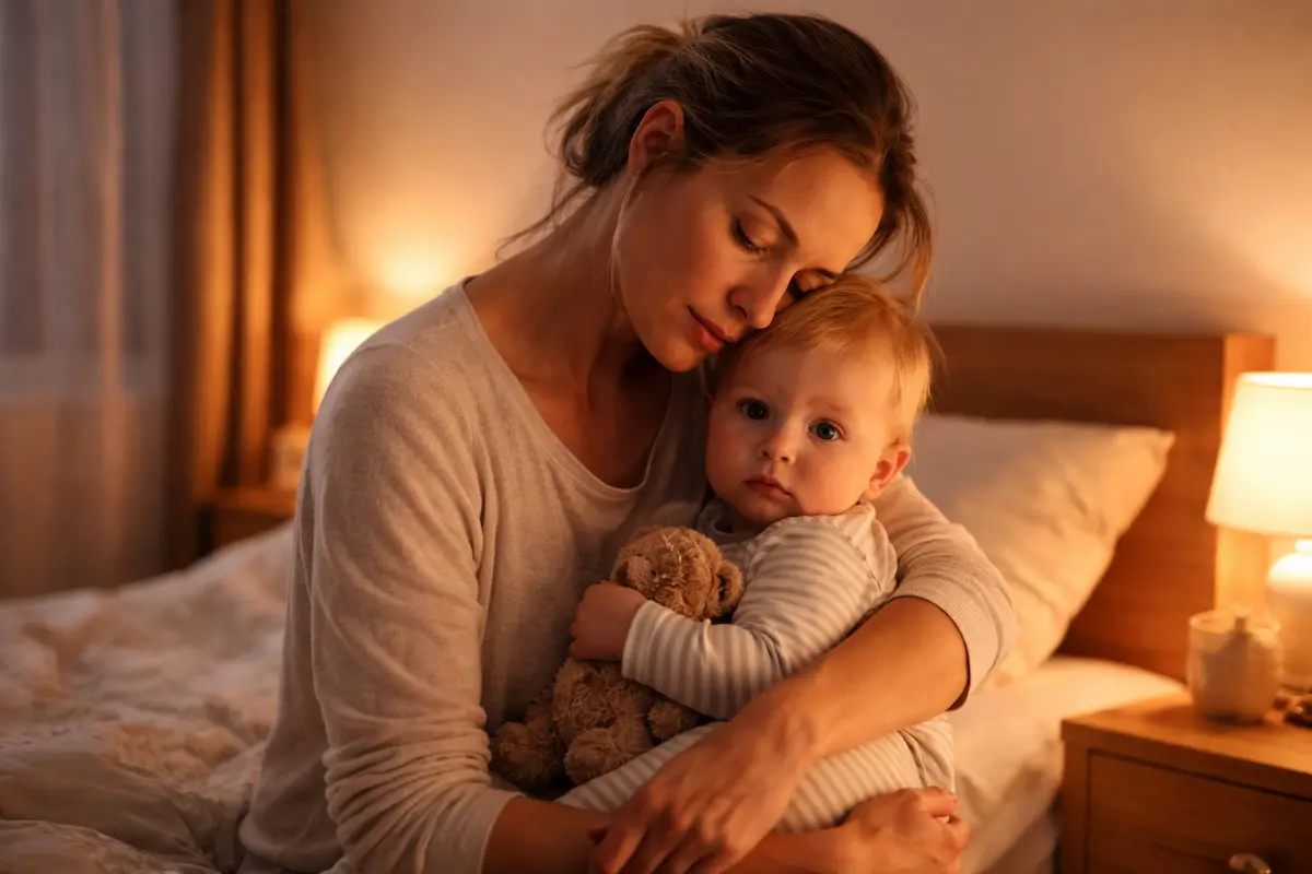 Warum Babys nachts nicht durchschlafen: Mutter hält ihr waches Baby nachts im warmen Licht des Schlafzimmers im Arm