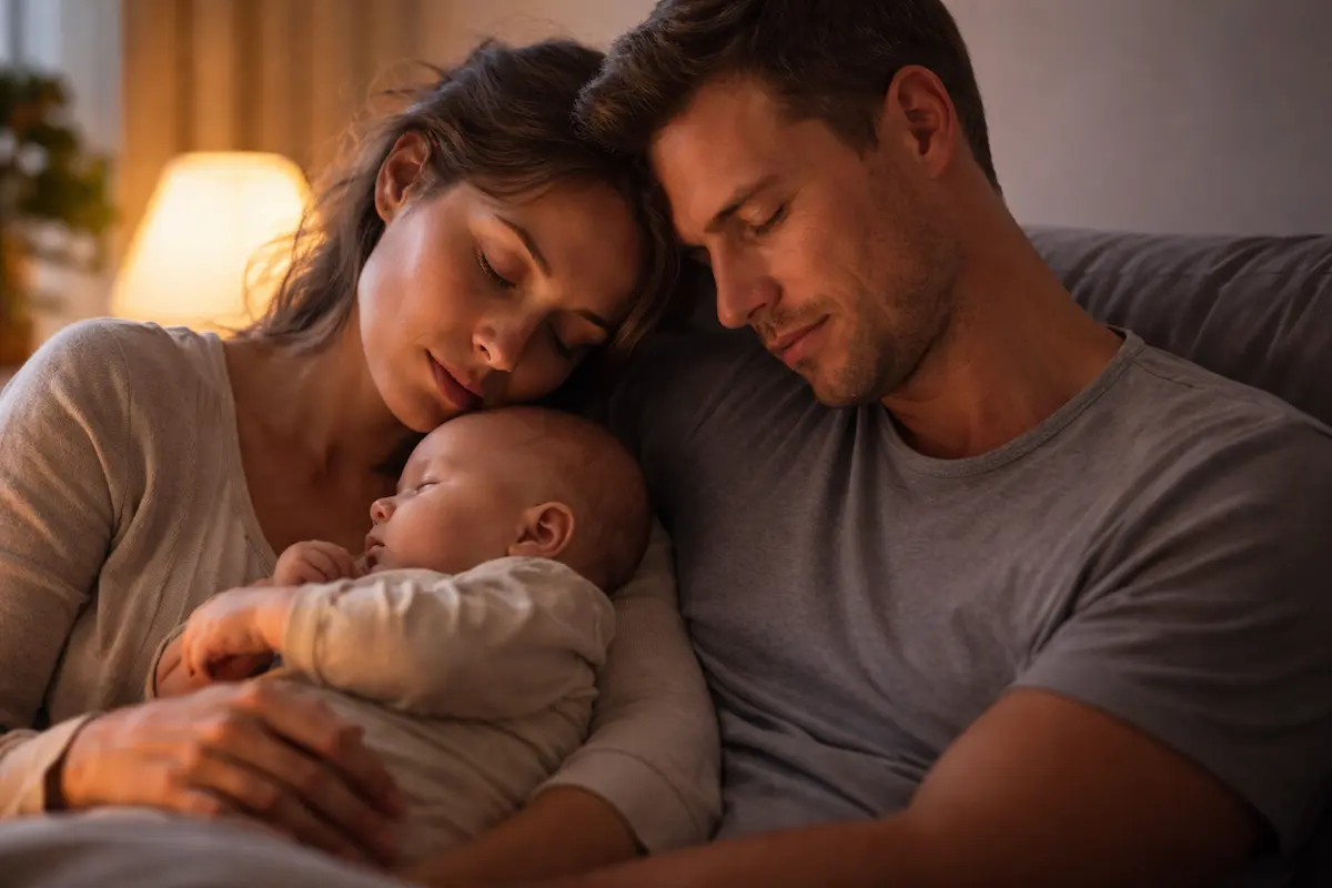 Schlafmangel bei Eltern: Zwei erschöpfte Eltern sitzen nachts eng beieinander und halten ihr Baby in ruhiger, warmer Atmosphäre.