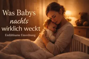 Eine Mutter hält ihr Baby nachts im warmen Licht des Kinderzimmers im Arm – eine Alltagsszene, die zeigt, was Babys nachts wirklich weckt.