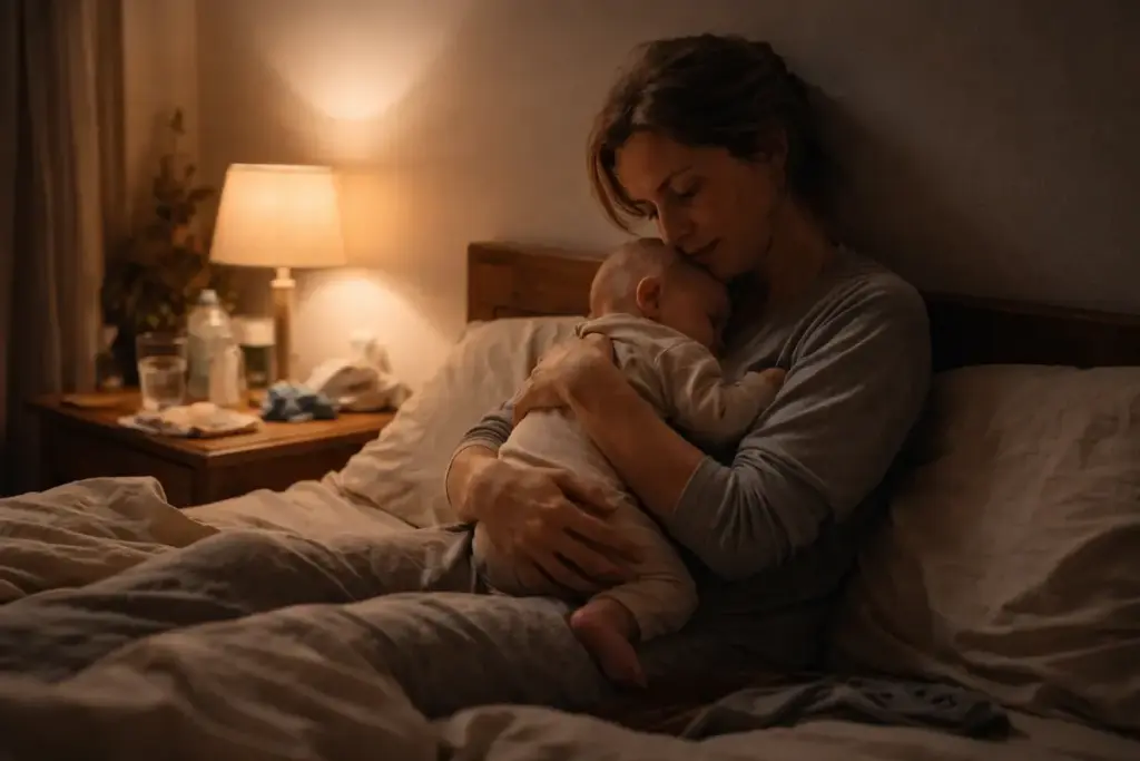 Warum Babys nachts so häufig aufwachen: Mutter hält ihr Baby nachts im Bett im warmen Lampenlicht