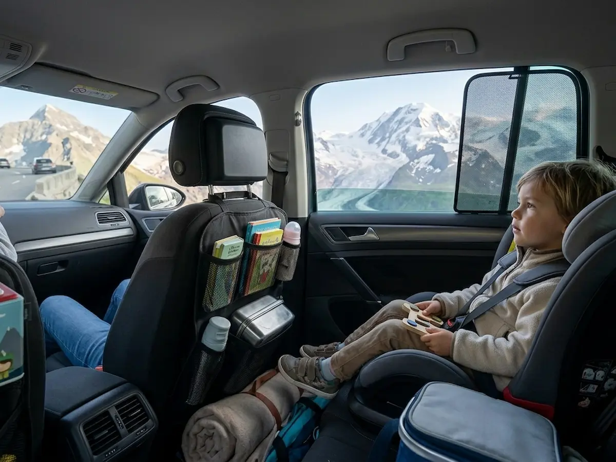 Kind auf dem Rücksitz bei einer Fahrt in die Berge