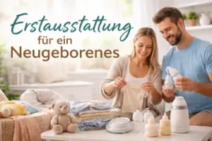 Erstausstattung für ein Neugeborenes: Eltern bereiten Kleidung und Babyzubehör gemeinsam vor