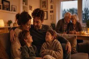 Familie im Wohnzimmer zeigt Nähe und Beziehung – Kinder lernen Liebe durch das Verhalten der Eltern im Alltag